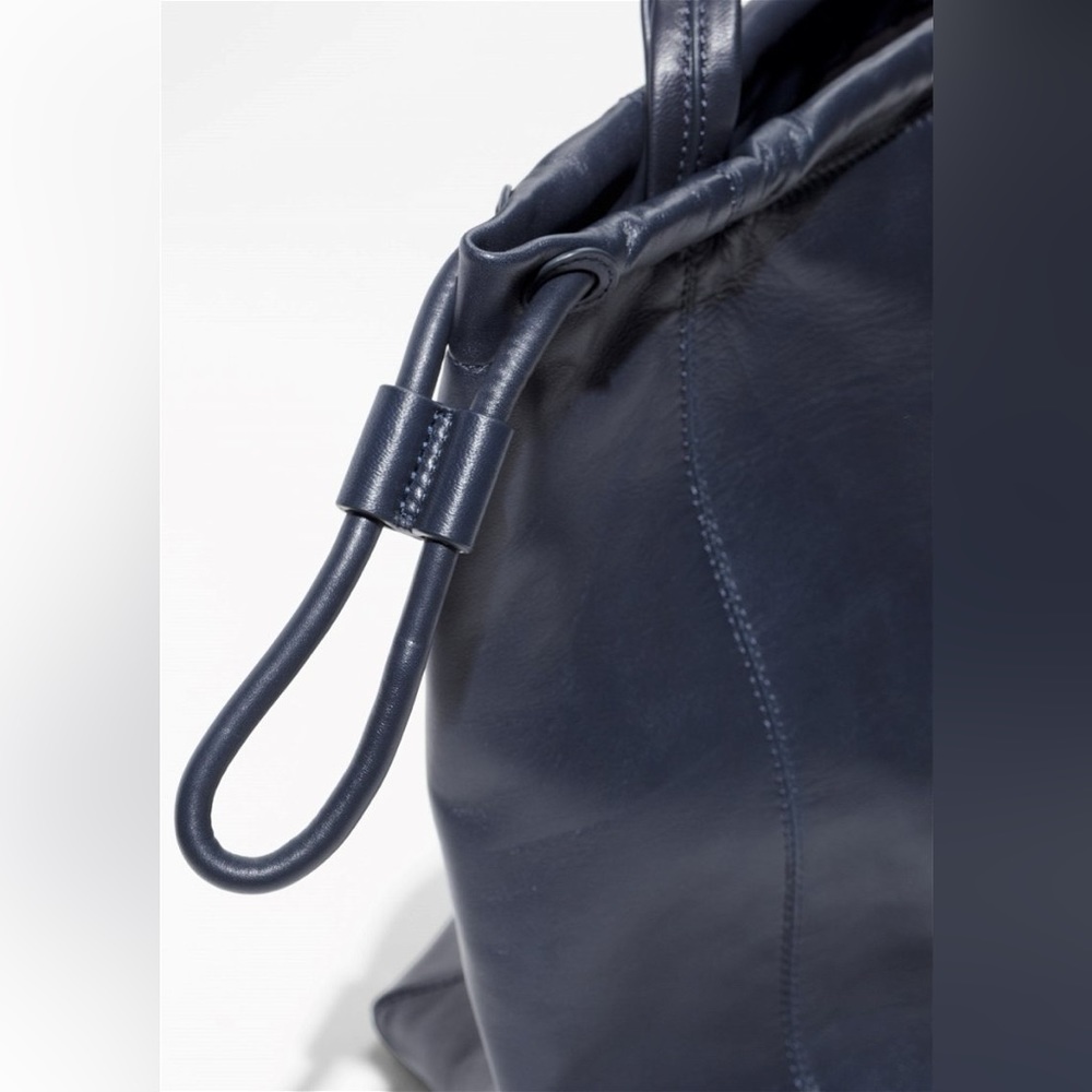 & Other Stories Leather Oversized Drawstring Tote, Navy. - Picture 2 of 12